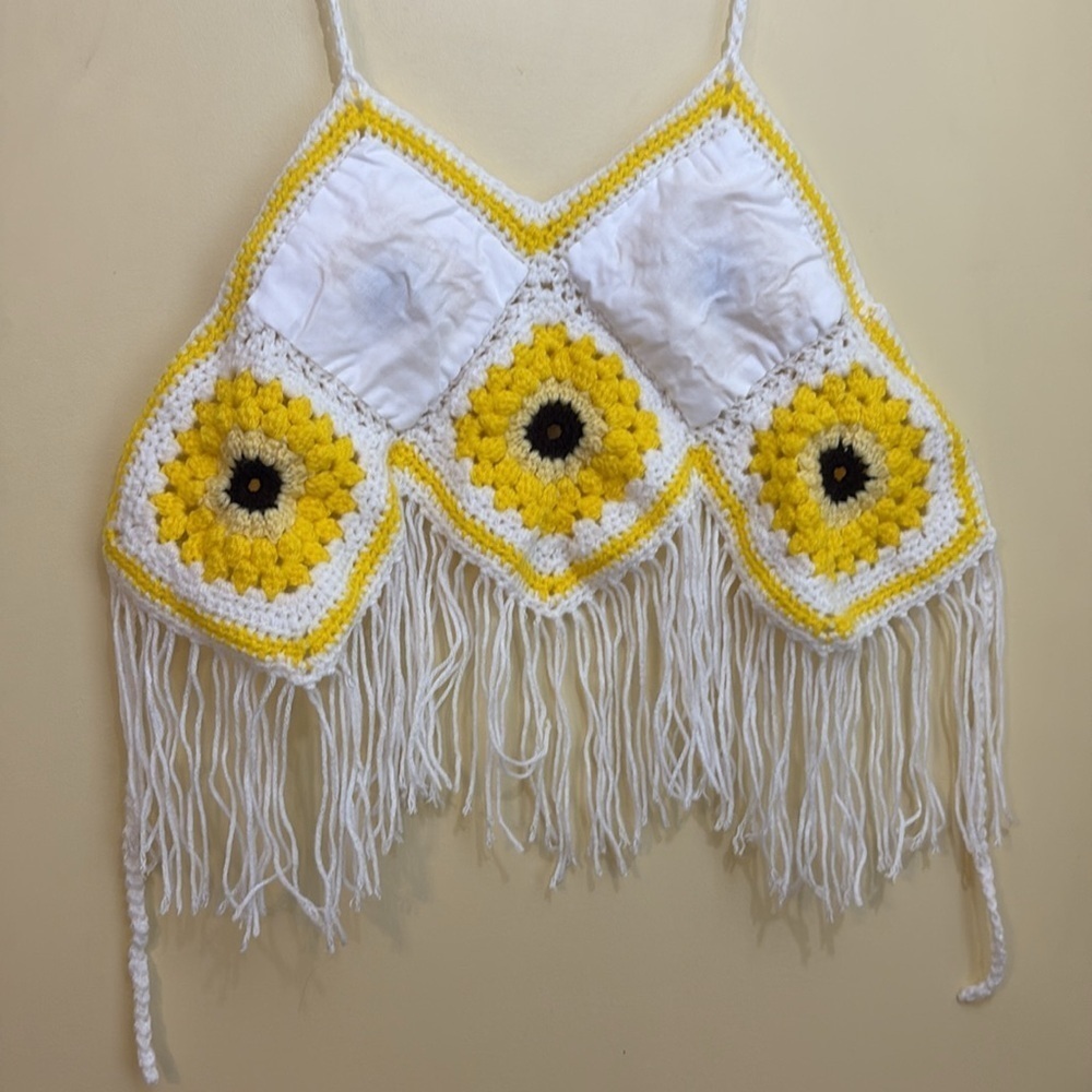 Handmade Crochet Sunflower Yellow Fringe Granny Square Festival Crop Top Med/L - Picture 10 of 10